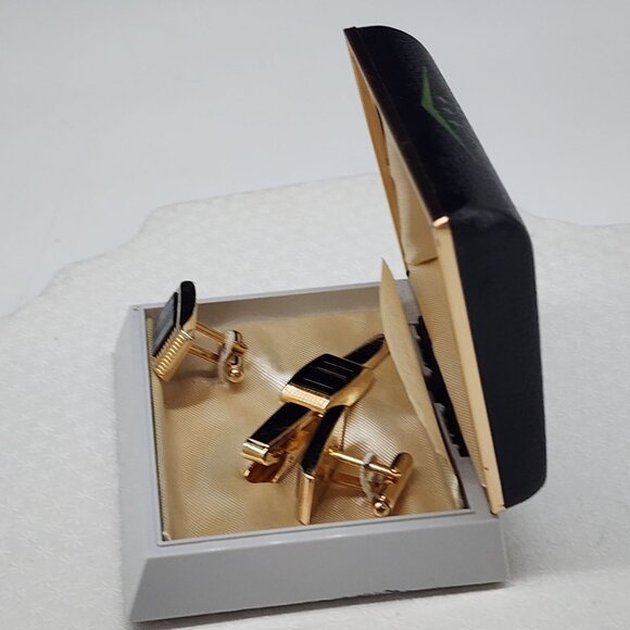 Vintage Anson Gold-Tone "HI" Cufflinks & Tie Clip Set In Original Box - Picture 3 of 6
